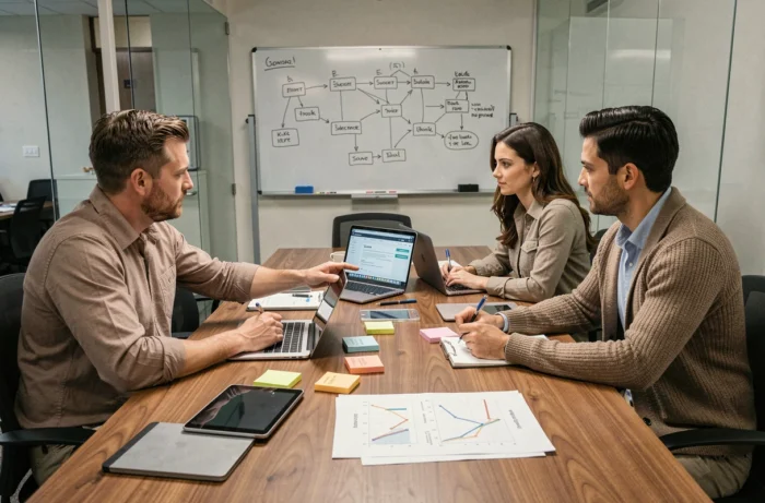 Équipe d'entrepreneurs collaborant autour de solutions digitales innovantes pour booster leur entreprise en réunion
