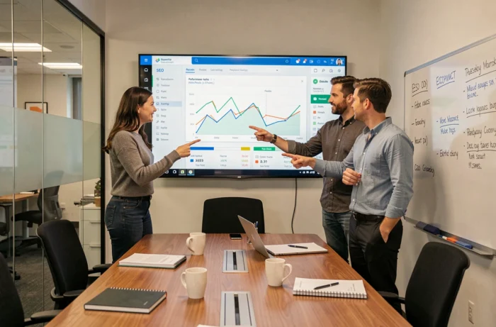 Une équipe marketing digitale analyse en réunion les résultats de suivi de positions SEO affichés sur un grand écran dans une agence française