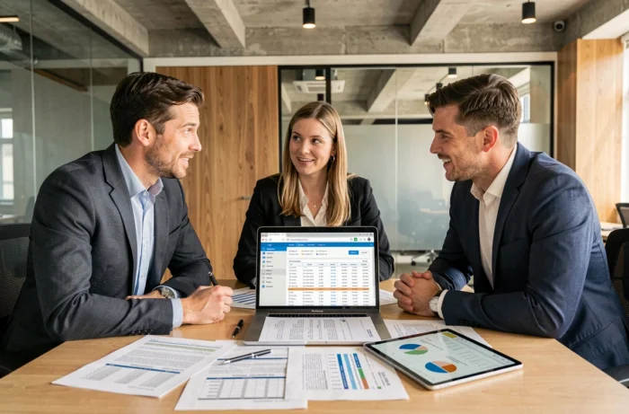 Équipe de professionnels discutant de la gestion financière d'entreprise avec des outils numériques innovants autour d'une table de réunion