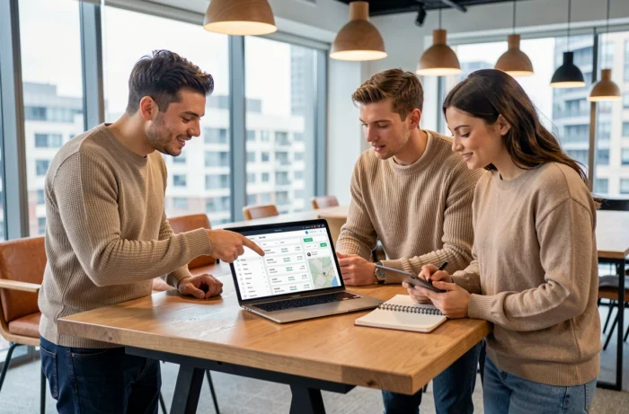 Équipe de professionnels collaborant sur une stratégie de référencement local dans un espace de co-working moderne