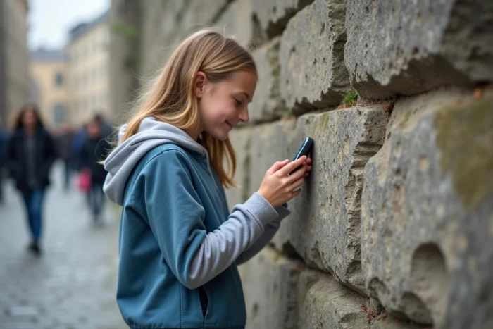 Adolescente consultant son smartphone lors d'un escape game en plein air dans les remparts historiques de Saint-Malo, scrutant un mur de granit ancien avec concentration
