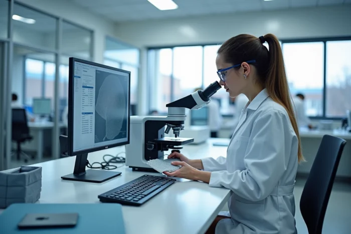 Ingénieure américaine analysant un tissu technique innovant sous microscope numérique dans un laboratoire textile en Caroline du Nord