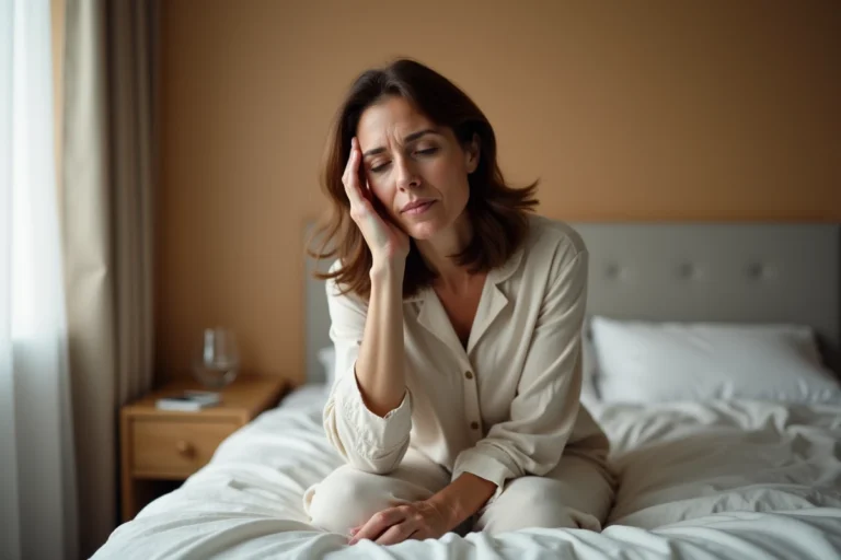 Femme assise au bord du lit qui se tient la tête après s'être levée trop vite, illustrant les étourdissements orthostatiques au réveil