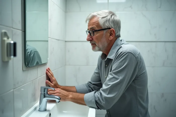 Homme âgé qui se stabilise contre le mur de la salle de bain après un étourdissement soudain en se levant, symptôme d'hypotension orthostatique