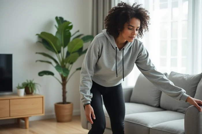 Jeune femme qui se lève lentement d'un canapé en s'appuyant sur l'accoudoir pour éviter les étourdissements, dans un salon moderne et lumineux