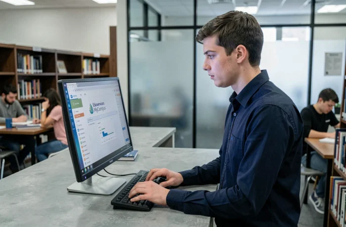 Étudiant masculin utilisant MyCampus Eduservices sur un ordinateur de bureau dans une bibliothèque universitaire