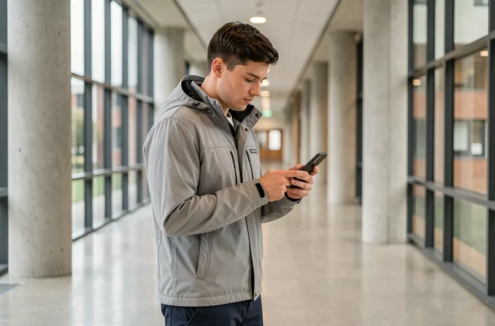 Étudiant consultant les services de l'ENT Centrale Marseille sur son smartphone dans un couloir universitaire