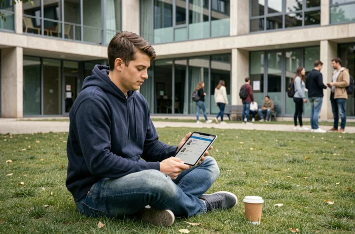 Étudiant utilisant une tablette pour accéder aux services numériques de l'UPHF dans la cour du campus