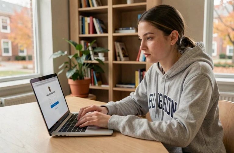 Étudiante connectée au portail MyCampus d'Eduservices sur son laptop dans une chambre universitaire moderne