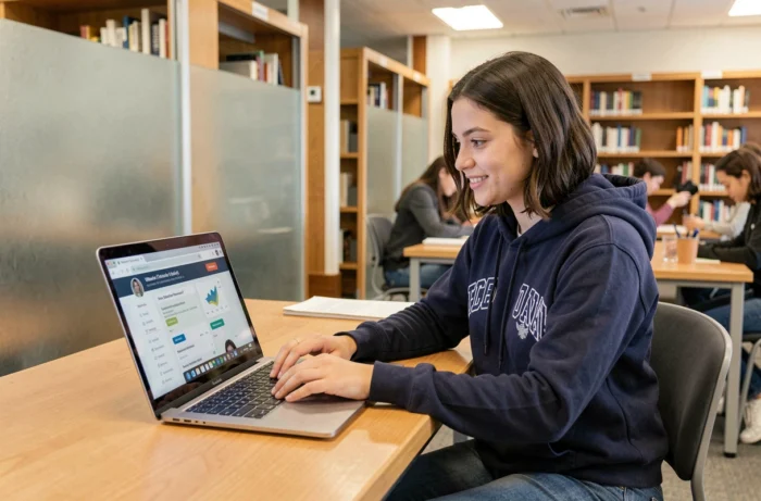 Étudiante connectée à l'ENT de l'École Centrale Marseille depuis la bibliothèque universitaire