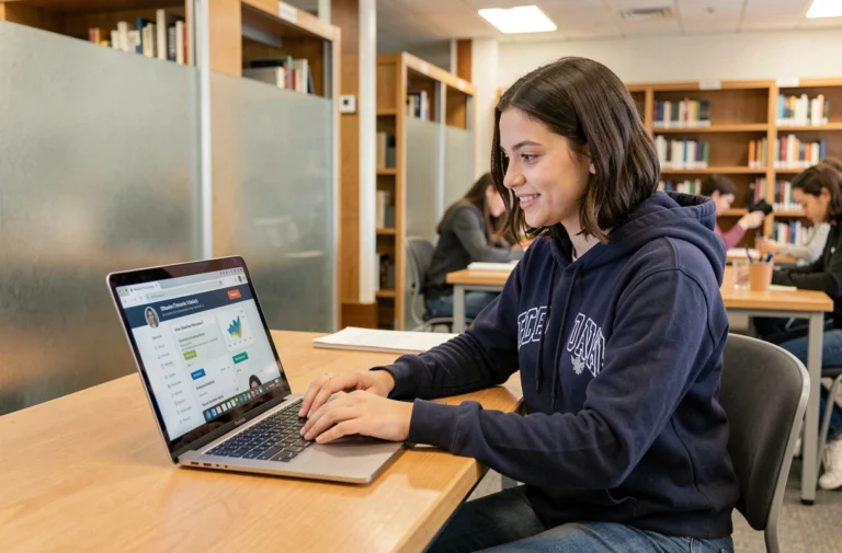 Étudiante connectée à l'ENT de l'École Centrale Marseille depuis la bibliothèque universitaire