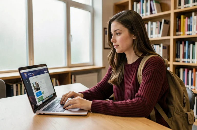 Étudiante de l'UPHF consultant les services en ligne sur un ordinateur portable dans une bibliothèque universitaire moderne