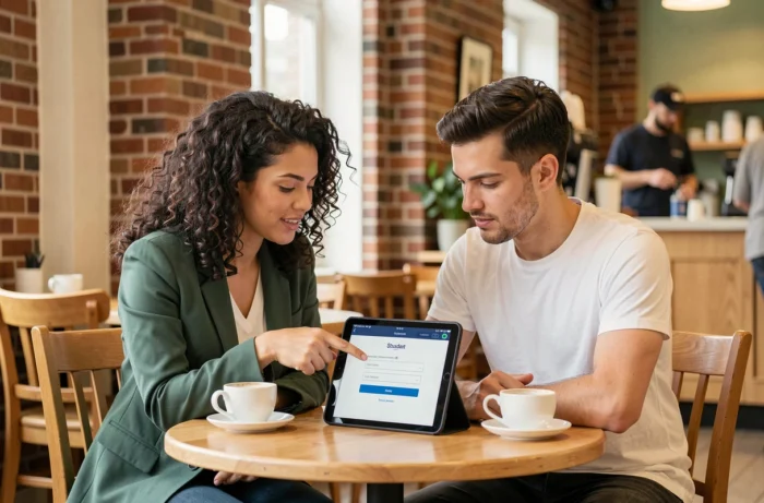 Deux étudiants consultant ensemble le guide de connexion MyCampus Eduservices sur une tablette dans un café universitaire