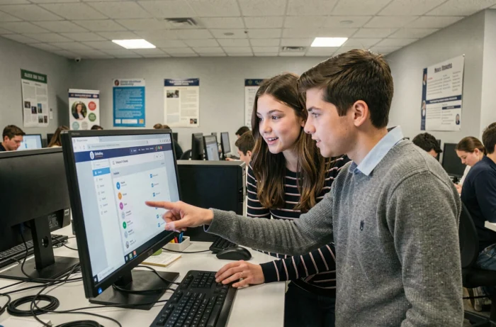 Deux étudiants de Centrale Marseille collaborant sur les outils numériques de l'ENT en salle informatique