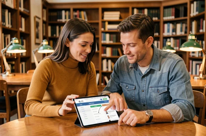 Deux étudiants collaborant pour comprendre la structure d'un site d'offres d'emploi sur une tablette dans une bibliothèque universitaire