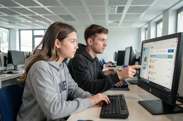 Deux étudiants de l'UPHF consultant ensemble le tableau de bord des services en ligne dans une salle informatique universitaire