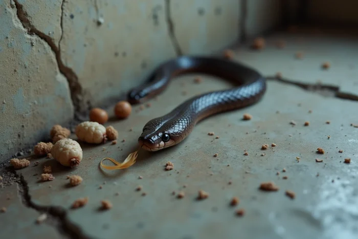 Gros plan sur des excréments de serpent avec capuchon blanc d'urate sur sol en béton, utile pour identifier les fientes de serpent