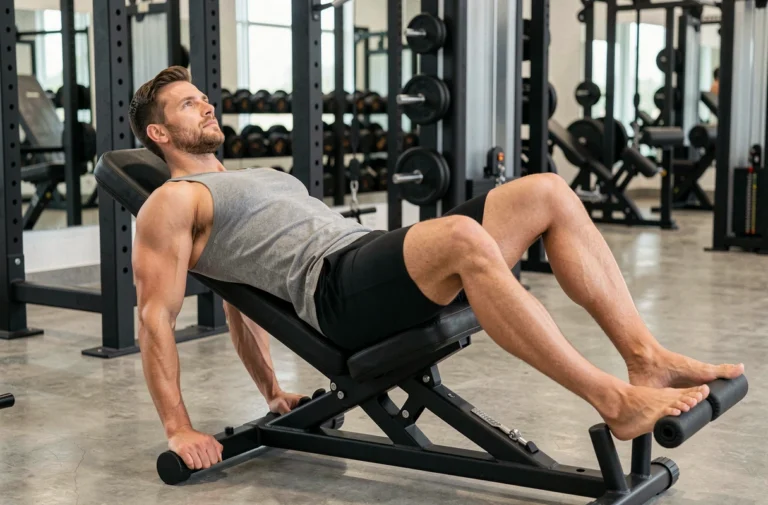 Homme musclé effectuant un relevé de jambes sur une chaise romaine dans une salle de sport moderne