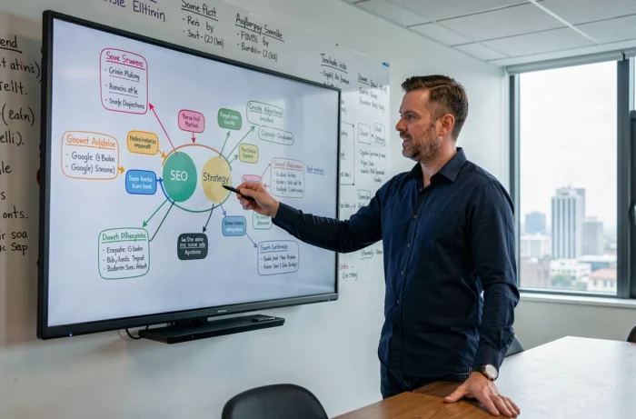 Expert SEO présentant une stratégie de référencement sur un grand écran dans une salle de réunion de startup