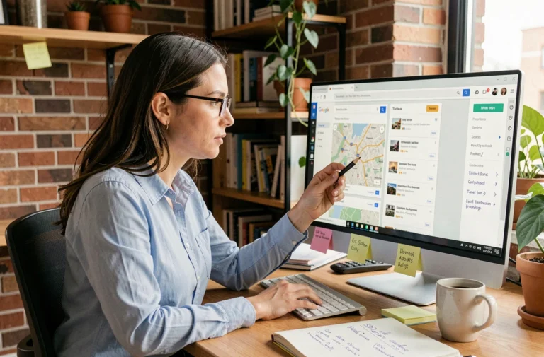 Femme experte en référencement local analysant des résultats Google Maps sur un ordinateur dans un bureau moderne