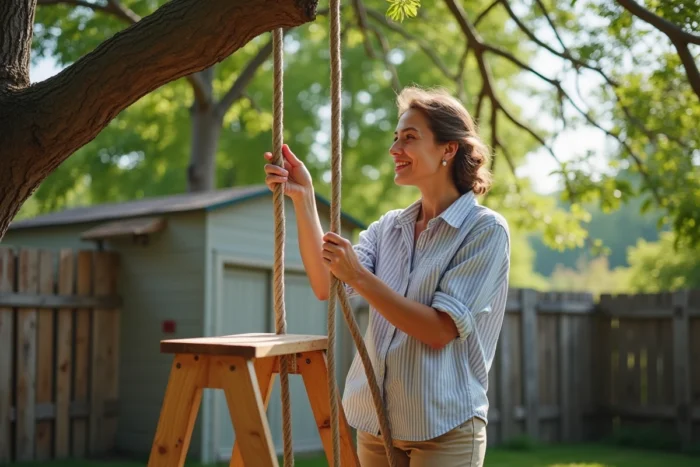 Femme nouant une corde à un arbre sur un escabeau pour fabriquer une balançoire dans un jardin