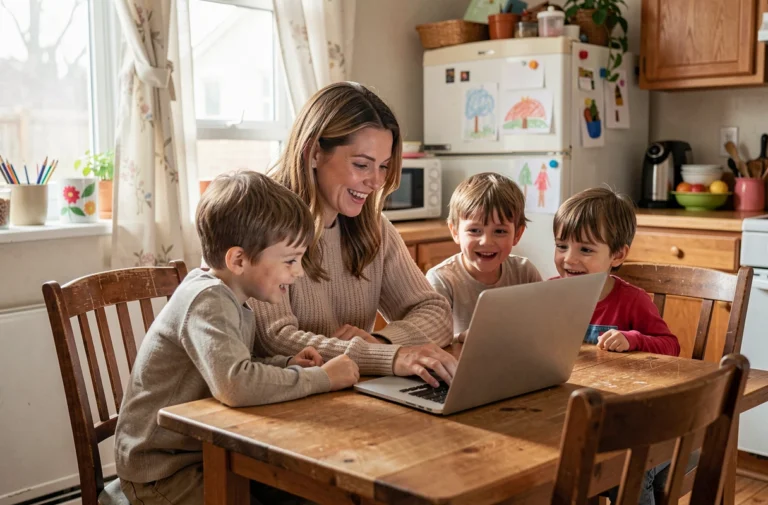 Mère avec ses enfants consultant un forum de familles nombreuses sur un ordinateur portable dans une cuisine chaleureuse