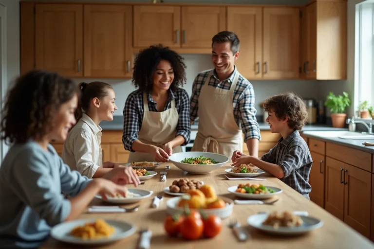 Famille multigénérationnelle réunie autour d'un repas convivial dans une cuisine chaleureuse, partageant un moment de bonheur au quotidien