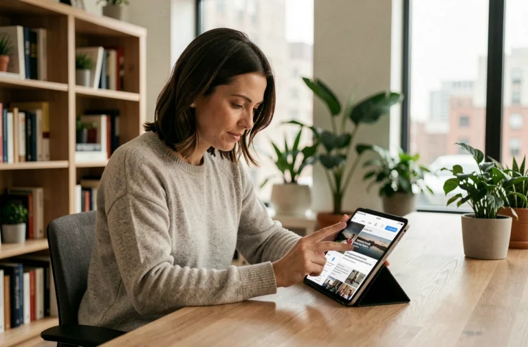 Femme parcourant les actualités du jour sur une tablette dans un bureau moderne à domicile