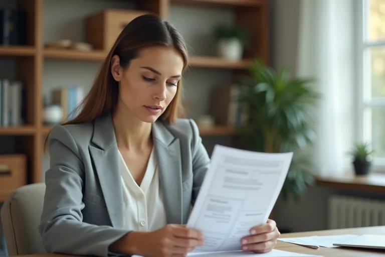 Femme en train d'analyser un contrat de crédit flexible LCL à son bureau à domicile