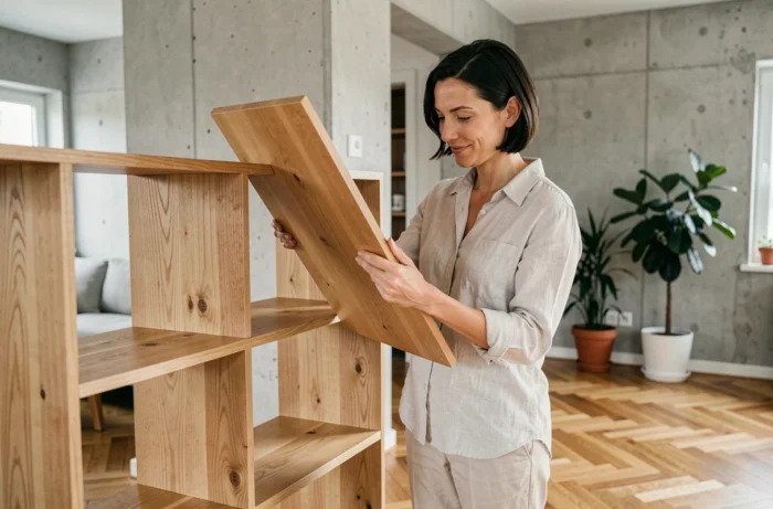 Femme assemblant un meuble modulaire en bois dans un salon scandinave moderne aux tons neutres