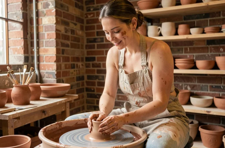 Femme en atelier de poterie façonnant un bol en argile sur un tour, loisir créatif tendance