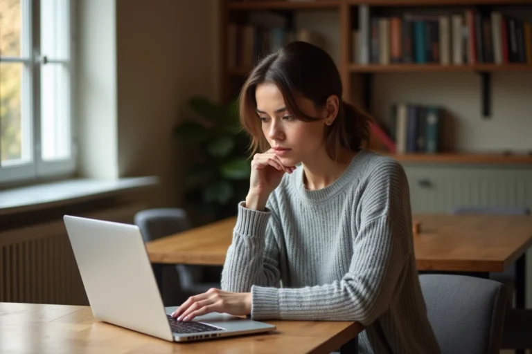 Femme consultant des avis utilisateurs sur la plateforme immobilière 123 Loger depuis son appartement