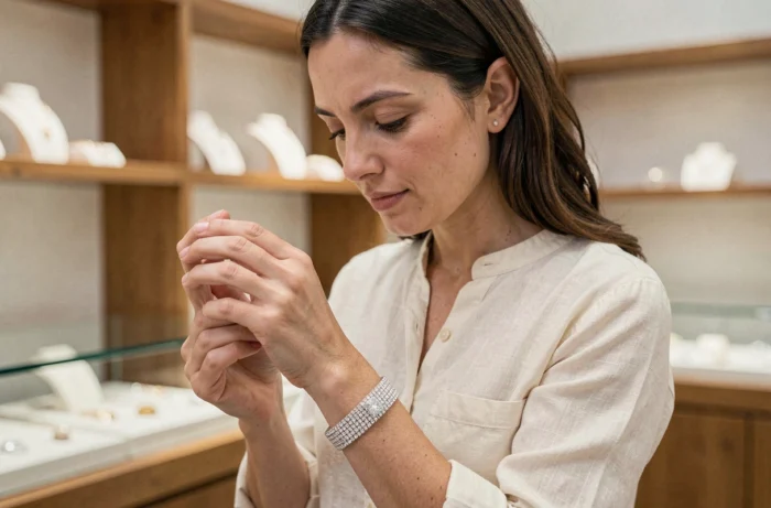 Femme examinant un bracelet Swarovski dans une bijouterie, évaluant la qualité et la garantie du bijou