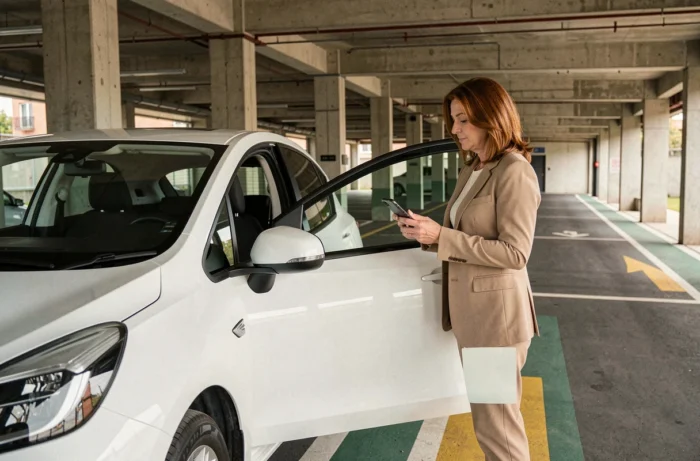Femme debout près d'une voiture électrique blanche dans un parking, réfléchissant au choix entre le mode B et le mode D
