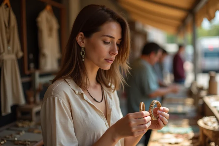 Femme examinant deux bracelets dont l'un est décoloré et verdi par le temps sur un stand de marché aux puces, comparaison de bijoux anciens et neufs