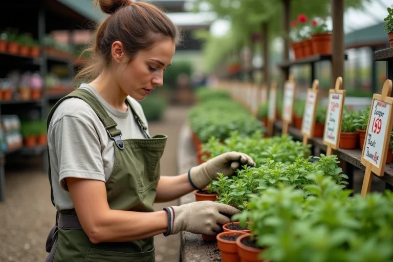 Femme comparant les prix de plants d'herbes aromatiques dans une jardinerie à petit prix