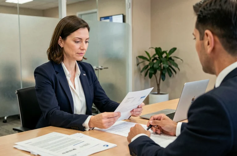 Femme professionnelle en réunion avec un conseiller bancaire pour discuter d'un crédit et financer ses projets