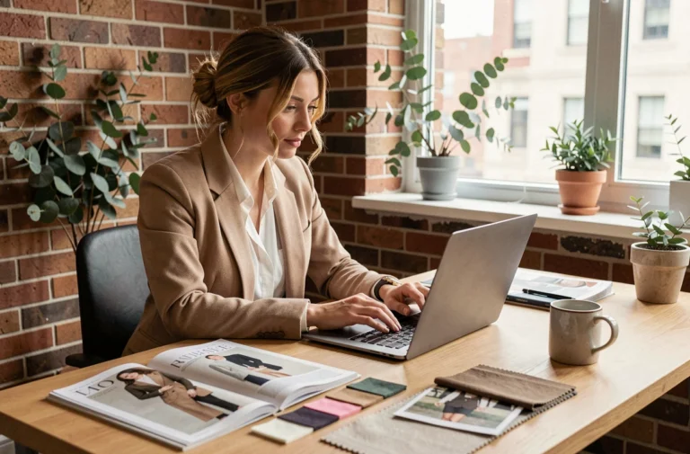Jeune femme élégante consultant un site de mode et tendances sur son ordinateur portable dans un studio créatif minimaliste