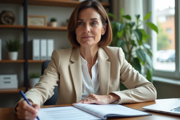Femme consultant un contrat d'assurance vie à son bureau à domicile pour comprendre les intérêts versés