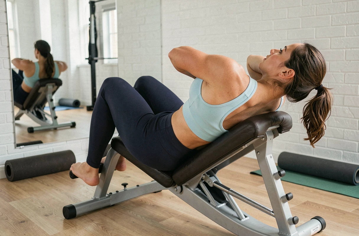 Femme sportive réalisant un crunch sur chaise romaine dans une salle de sport à domicile