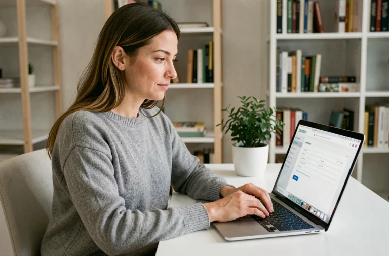 Femme utilisant un outil en ligne pour effectuer des démarches administratives depuis son bureau à domicile