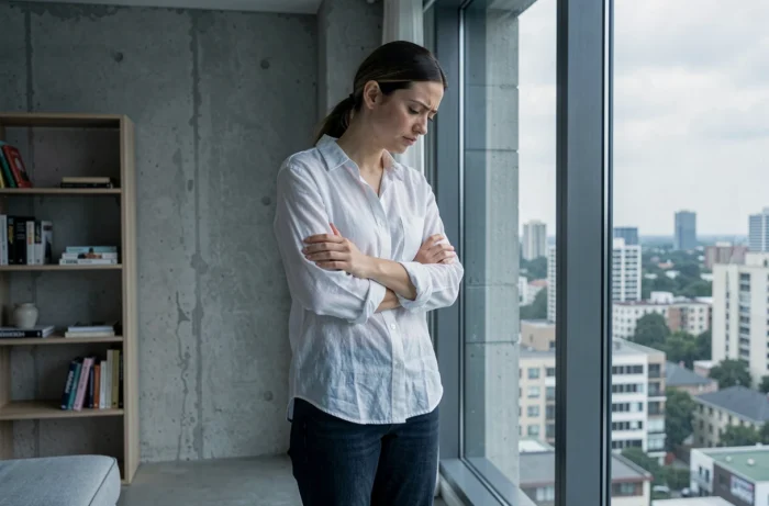 Femme debout près d'une grande fenêtre urbaine, bras croisés, expression partagée, symbolisant le dilemme émotionnel face à un homme marié