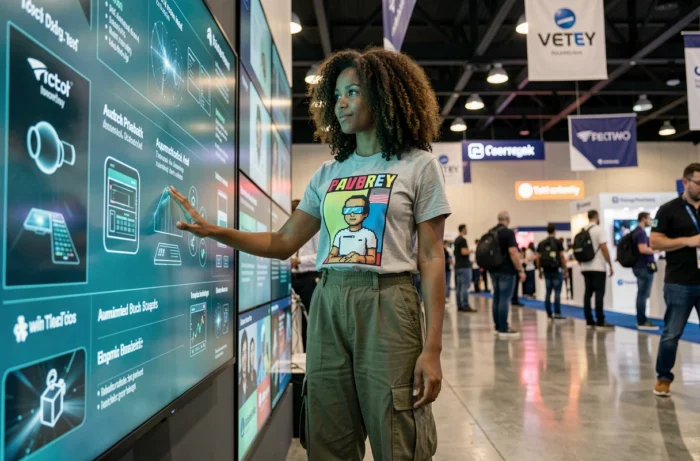 Femme geek explorant une application de réalité augmentée sur un grand écran tactile lors d'un salon technologique en 2024