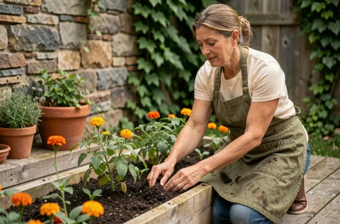 Femme jardinant dans un potager surélevé en bois, les mains dans la terre sombre, entourée de plants de tomates et de soucis en fleurs