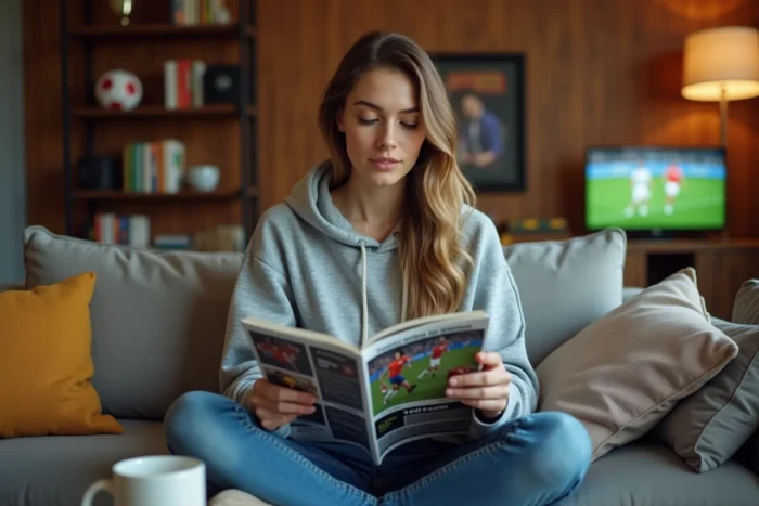 Jeune femme lisant un magazine sportif et consultant les actualités sportives sur son smartphone dans un appartement chaleureux