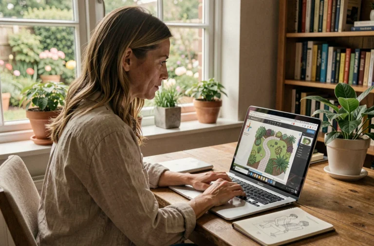 Femme utilisant un logiciel gratuit d'aménagement de jardin sur un ordinateur portable dans un bureau à domicile