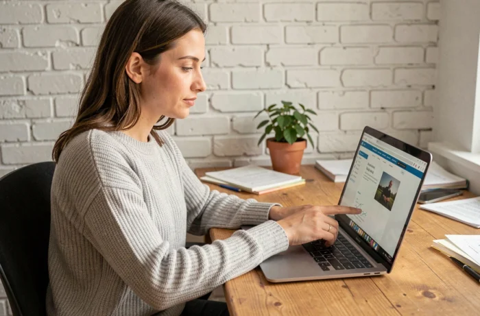 Femme naviguant sur un plan de site depuis son bureau à domicile sur un ordinateur portable