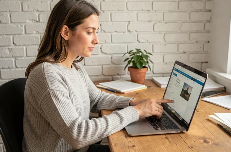 Femme naviguant sur un plan de site depuis son bureau à domicile sur un ordinateur portable