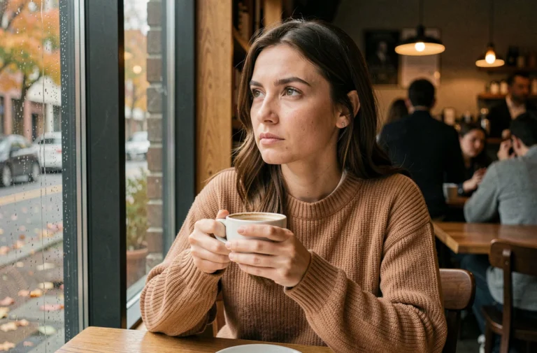 Femme pensive seule dans un café tenant une tasse, regard perdu vers la fenêtre sous la pluie, illustrant une réflexion émotionnelle sur un amour complexe