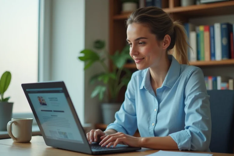 Femme préparant un concours de la fonction publique sur la plateforme e-formation IGPDE depuis son bureau à domicile